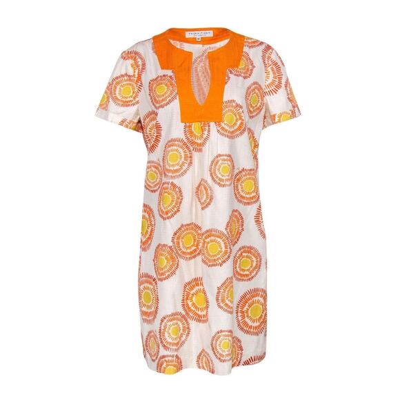 Trina Turk White, Orange Yellow Printed Short Sleeve Shift Dress Silk Blend Sz 2 - Picture 1 of 10
